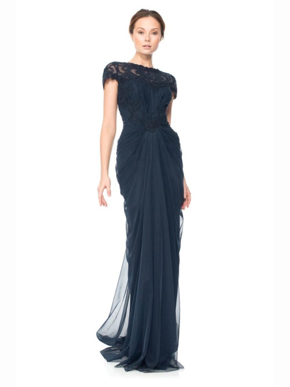 Tadashi Shoji Corded Lace and Draped Tulle Gown (Navy Blue) - Size 6 - Picture 12 of 13